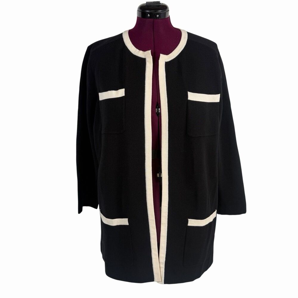 Anne Klein Open Front Cardigan XL Black White Trim 3/4 Sleeve Jacket Sweater